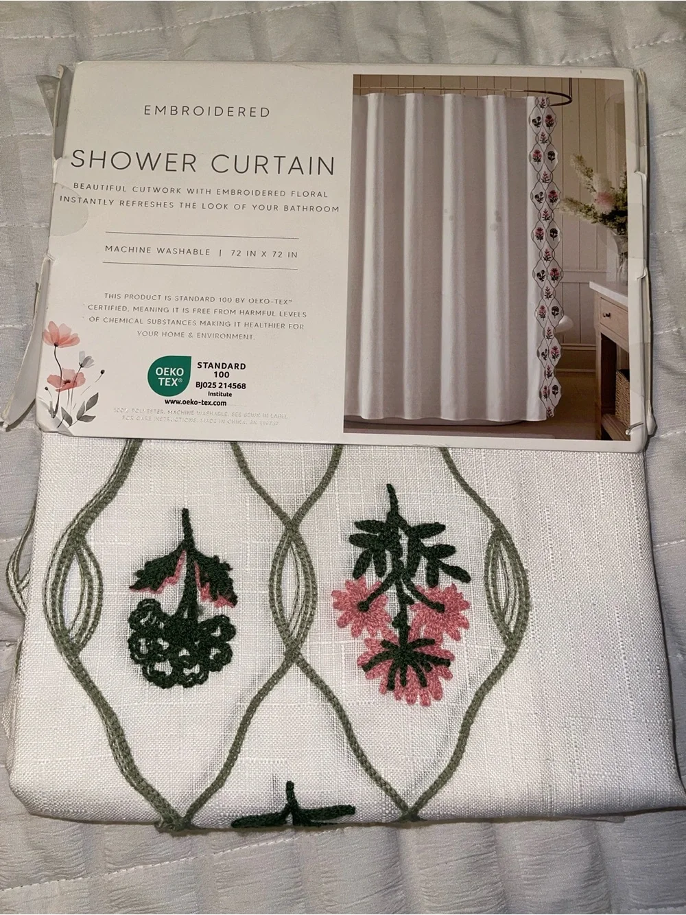 bloom White Embroidered Shower Curtain with Pink & Green Floral Motifs